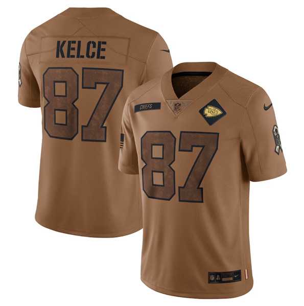 Men%27s Kansas City Chiefs #87 Travis Kelce 2023 Brown Salute To Service Limited Football Stitched Jersey Dyin